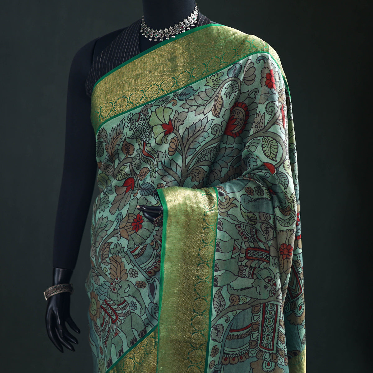 Kanjeevaram Pure Handloom Mulberry Silk Handpainted Srikalahasti Pen Kalamkari Saree with Zari Work 23