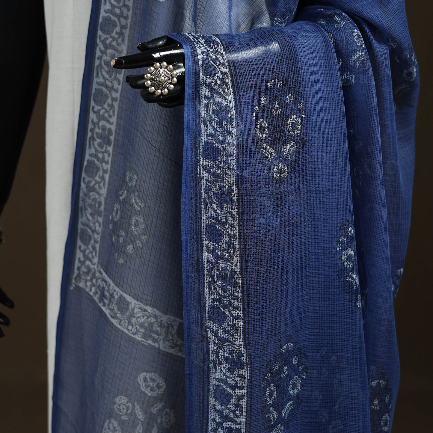 Blue - Akola Hand Block Print Natural Dyed Kota Doria Cotton Dupatta 35