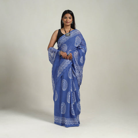 Blue - Cotton Hand Batik Print Saree 05