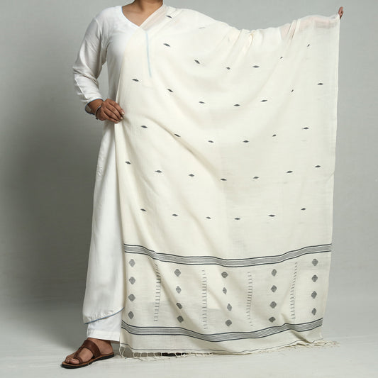 White - Burdwan Jamdani Buti Handloom Cotton Dupatta with Tassels