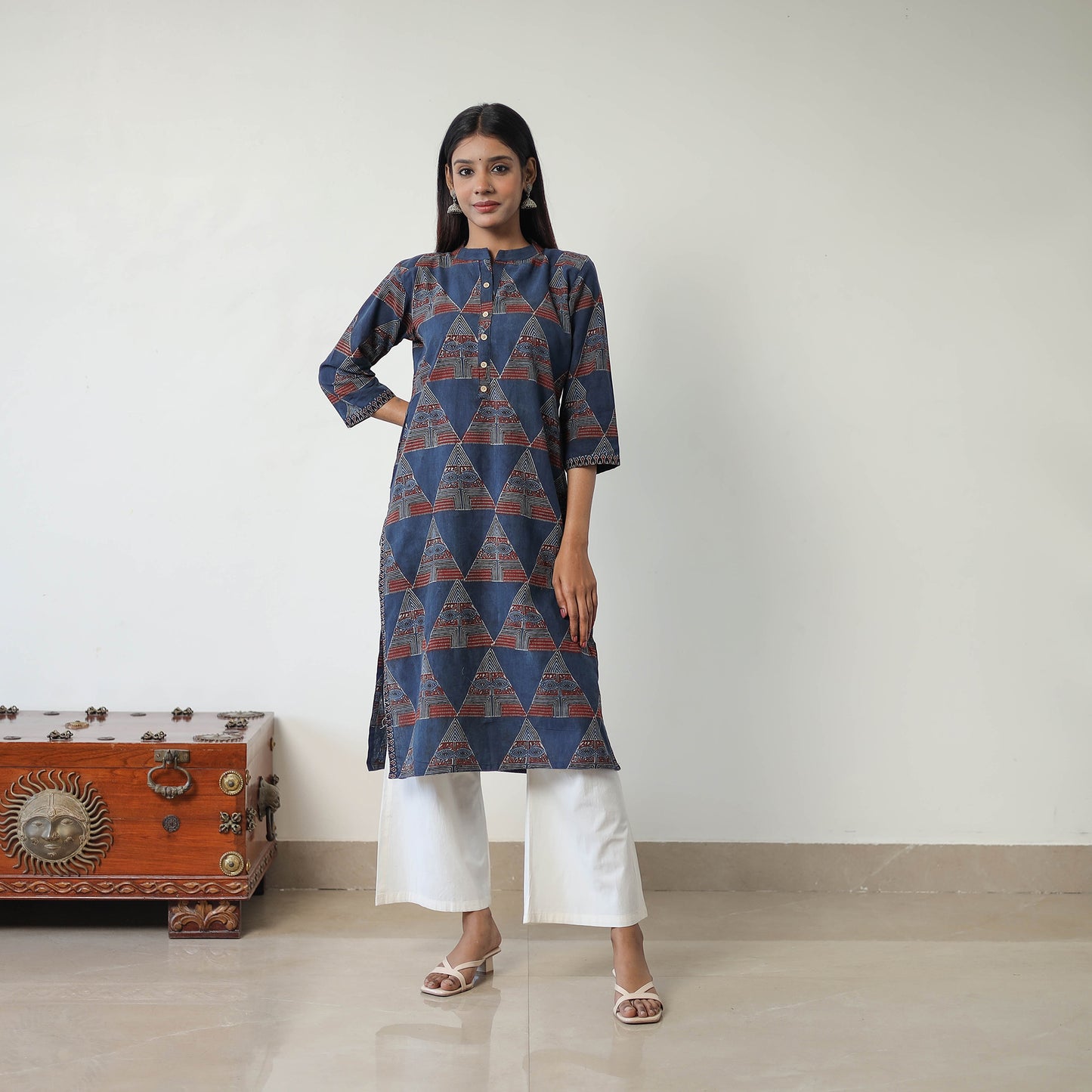 Blue - Block Printed Cotton Straight Ajrakh Kurta 04