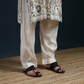 Beige - Hand Embroidered Printed Cotton Chikankari Kurta with Pant Set for Women 30