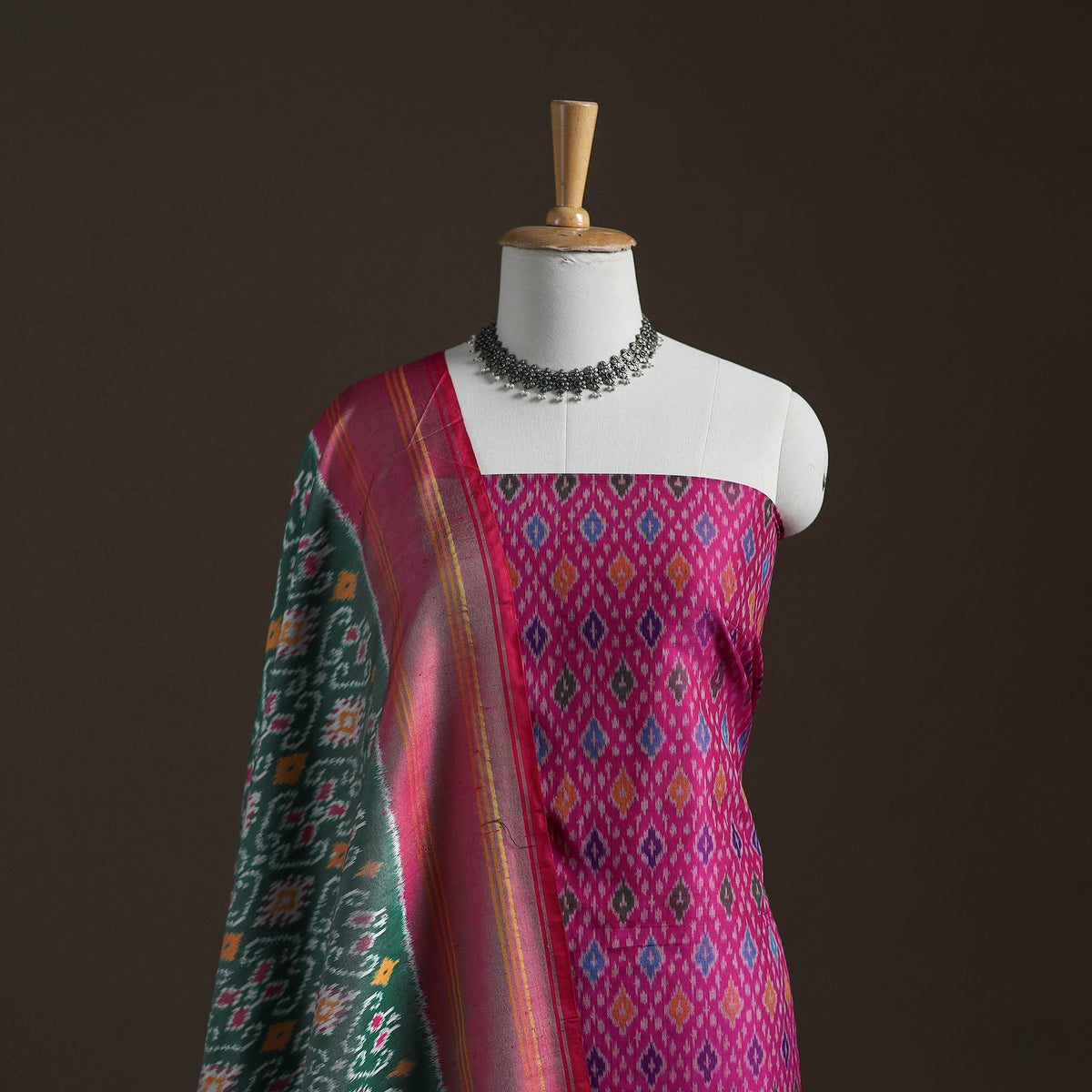 Pochampally Ikat Handloom Sico Unstitched Dress Material: Kurta with Mulberry Silk Dupatta 25