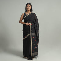 Black - Handloom Cotton Phulia Jamdani Saree with Tassels 03