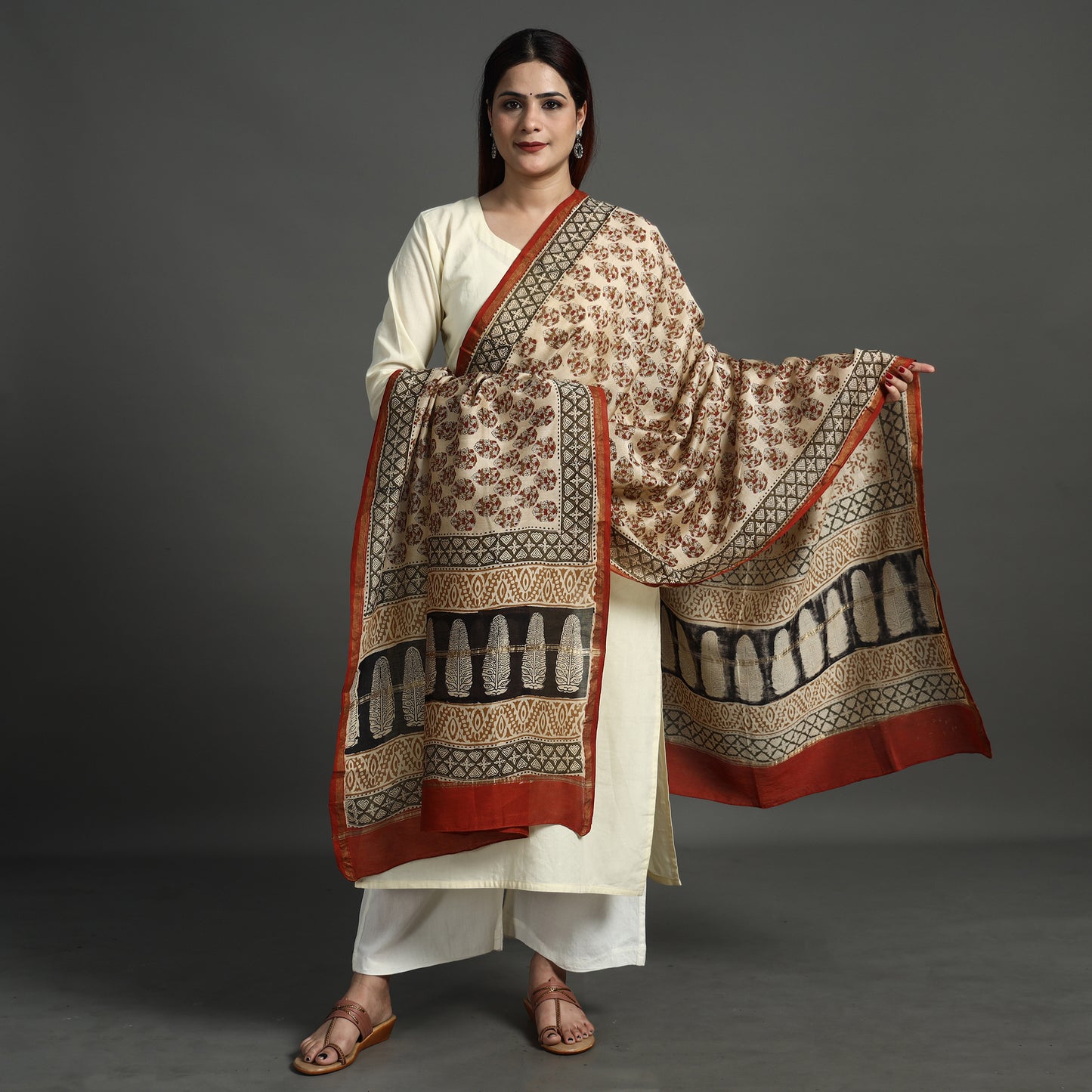 Beige - Bagru Kalamkari Block Printed Chanderi Silk Dupatta with Zari Border 140