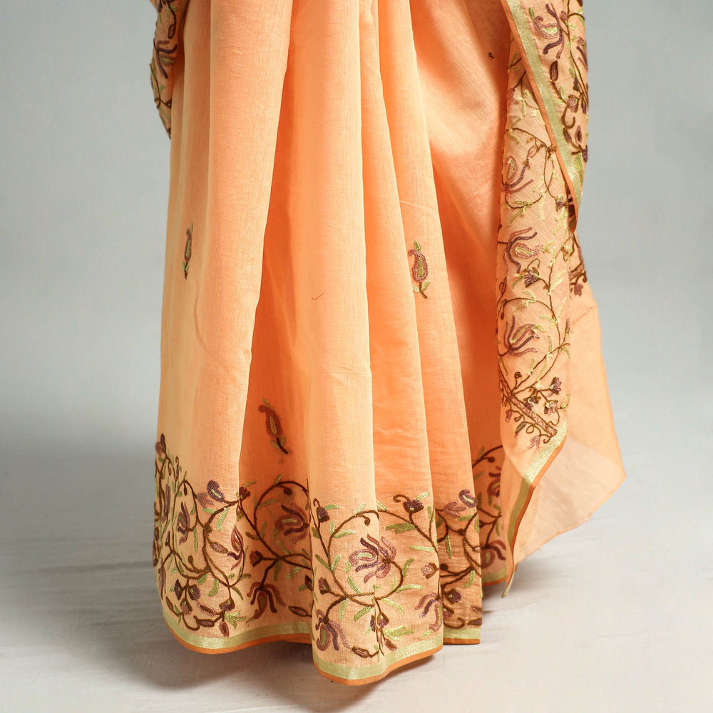 Orange - Kashidakari Hand Embroidery Pure Chanderi Silk Block Printed Saree with Zari Border 05