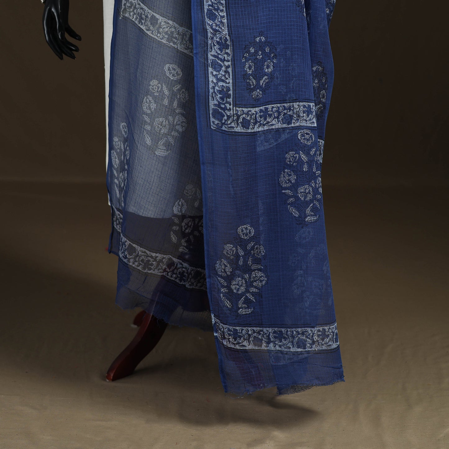 Blue - Akola Hand Block Print Natural Dyed Kota Doria Cotton Dupatta 35