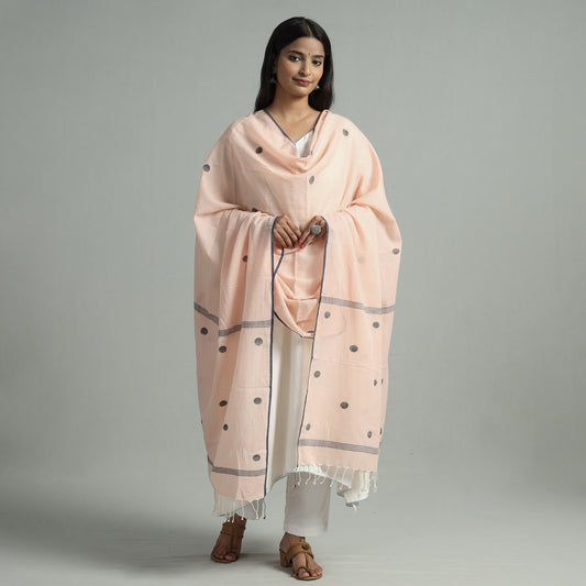 Peach -Bengal Jamdani Buti Handloom Cotton Dupatta with Tassels 34