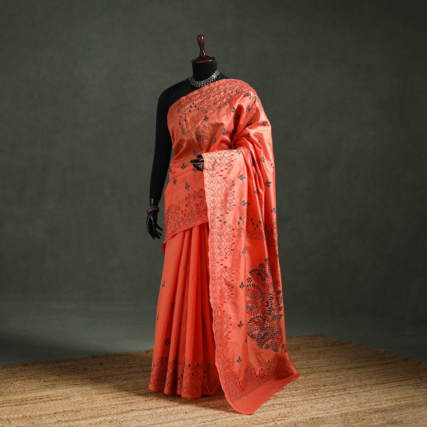 Orange - Bengal Nakshi Kantha Hand Embroidered Silk Saree 45