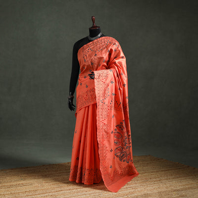 Orange - Bengal Nakshi Kantha Hand Embroidered Silk Saree 45