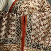 Beige - Bagru Kalamkari Block Printed Chanderi Silk Dupatta with Zari Border 140