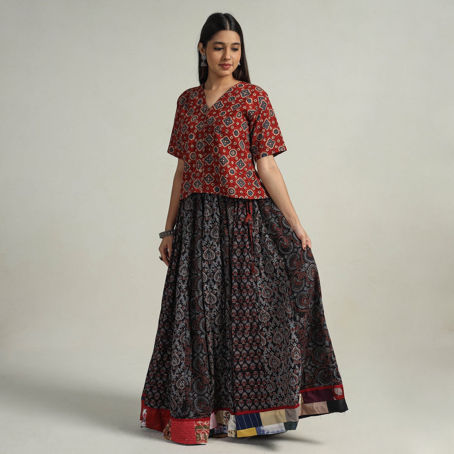 Multicolor - Kutch Block Printed 24 Kali Cotton Long Skirt 03