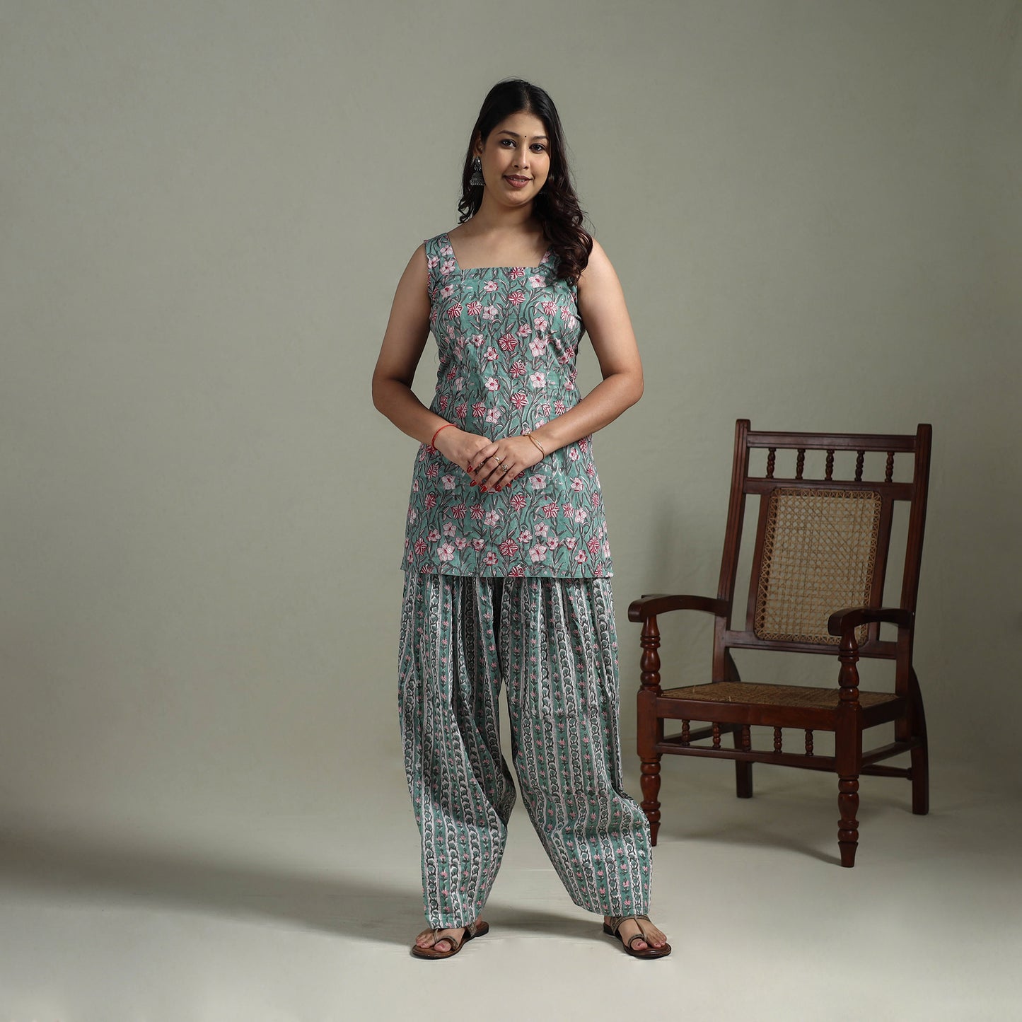 Sanganeri Hand Block Print Cotton Short Kurta with Farshi Salwar Set for women 09