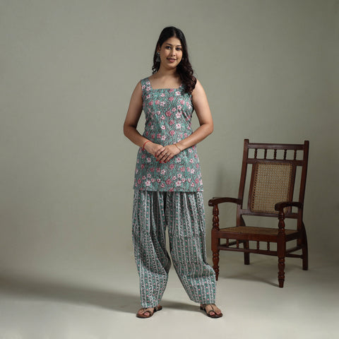 Sanganeri Hand Block Print Cotton Short Kurta with Farshi Salwar Set for women 09