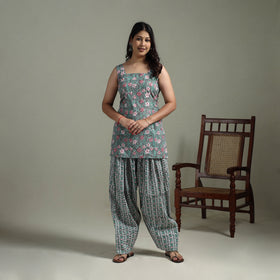 Sanganeri Hand Block Print Cotton Short Kurta with Farshi Salwar Set for women 09