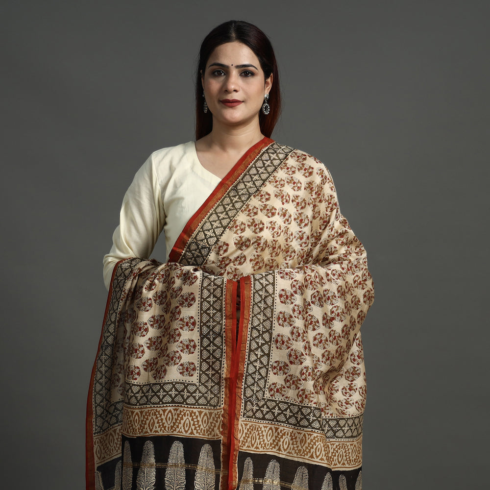 Beige - Bagru Kalamkari Block Printed Chanderi Silk Dupatta with Zari Border 140