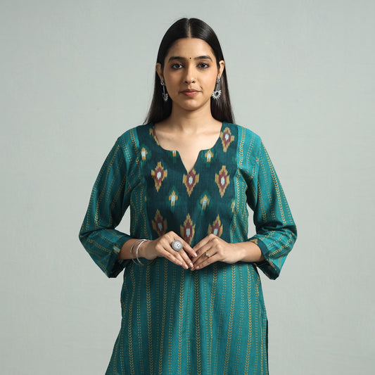 Teal Green - Jacquard Weave Cotton Straight Kurta with Ikat Patchwork