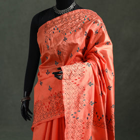 Orange - Bengal Nakshi Kantha Hand Embroidered Silk Saree 45