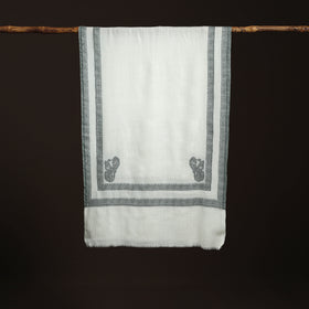 White - Plain Fine Wool Stole with Woven Border for Women 19