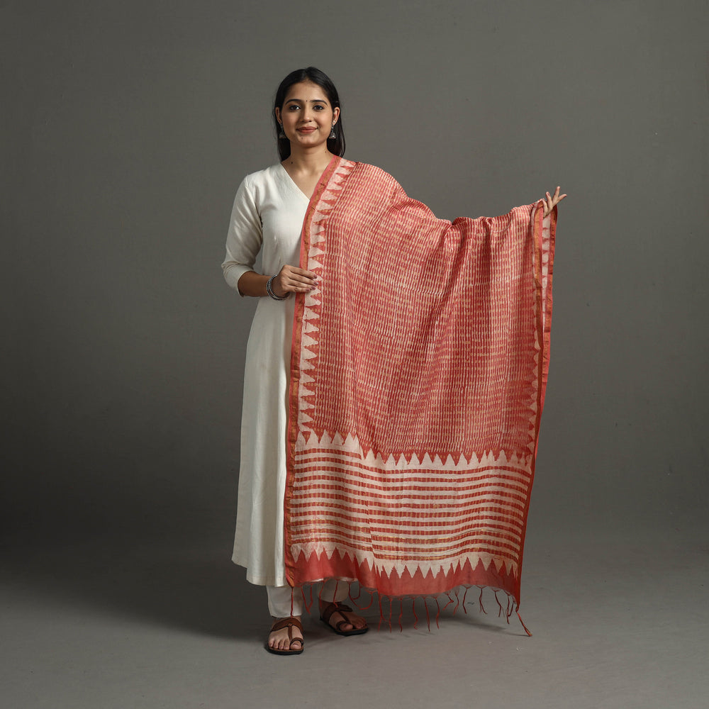 Red - Block Printed Chanderi Silk Bagru Dupatta 55