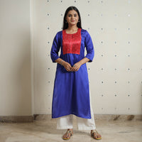 Blue - Plain Modal Silk Straight Kurta with Ajrakh Pintuck Patchwork 04