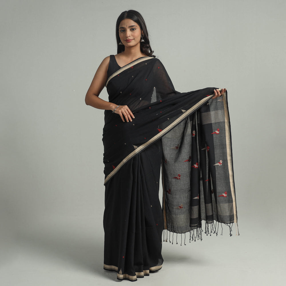 Black - Handloom Cotton Phulia Jamdani Saree with Tassels 03