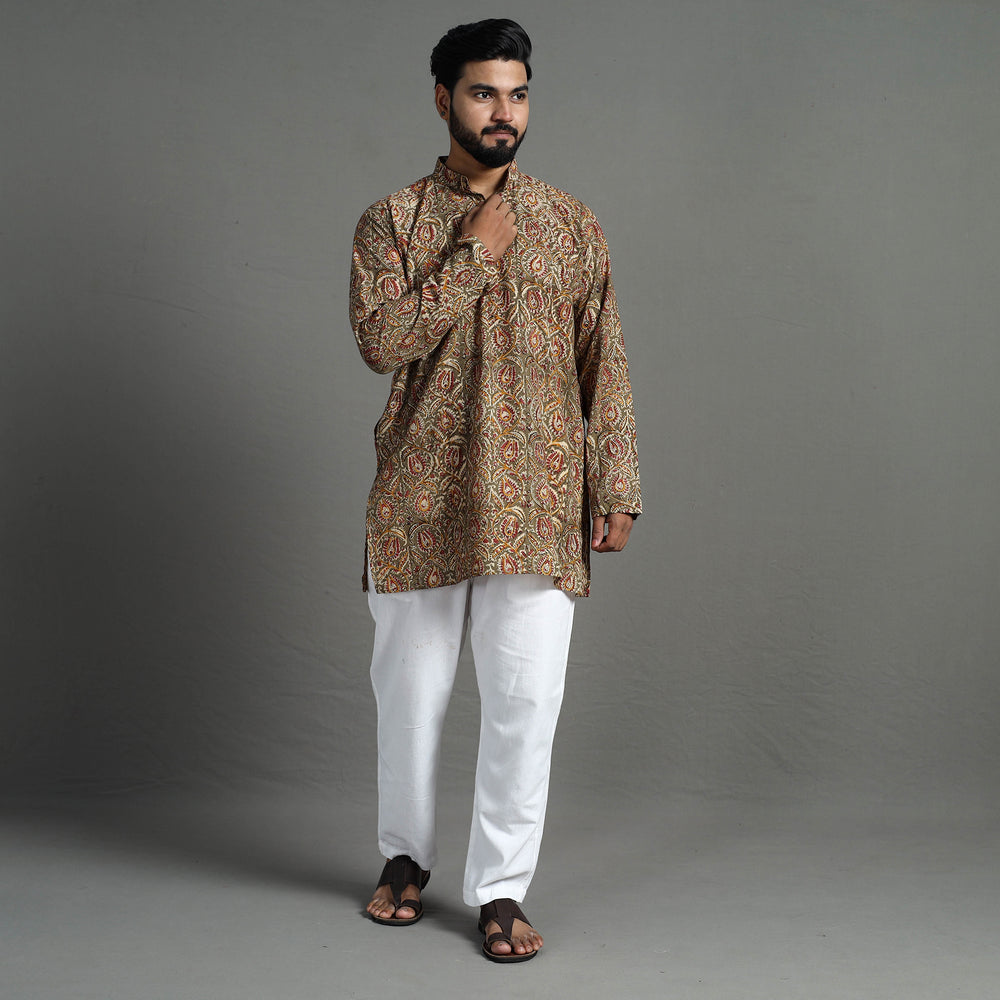 Brown - Kalamkari Block Printed Cotton Men Short Kurta