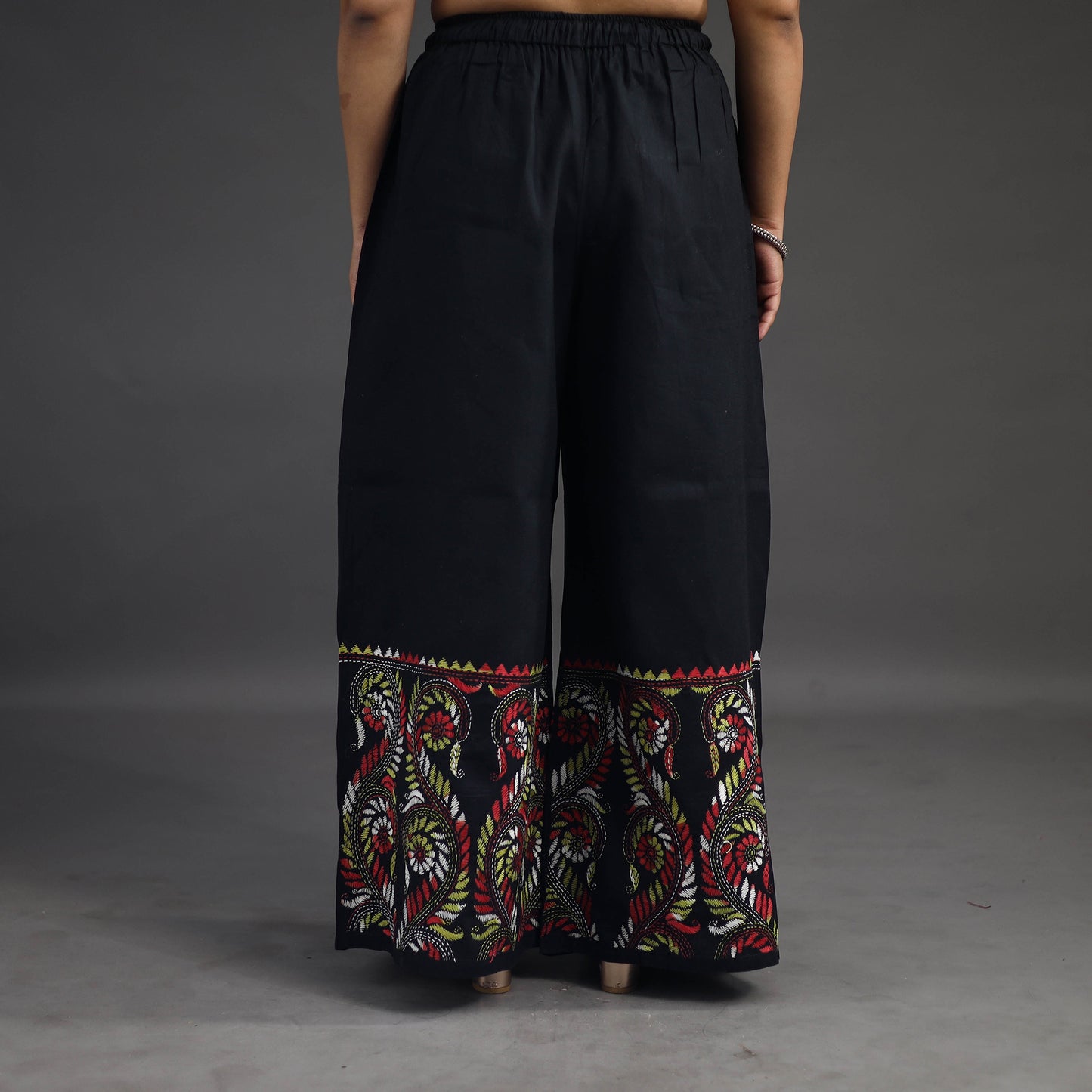  Black Kantha Hand Embroidery Palazzo in Cotton