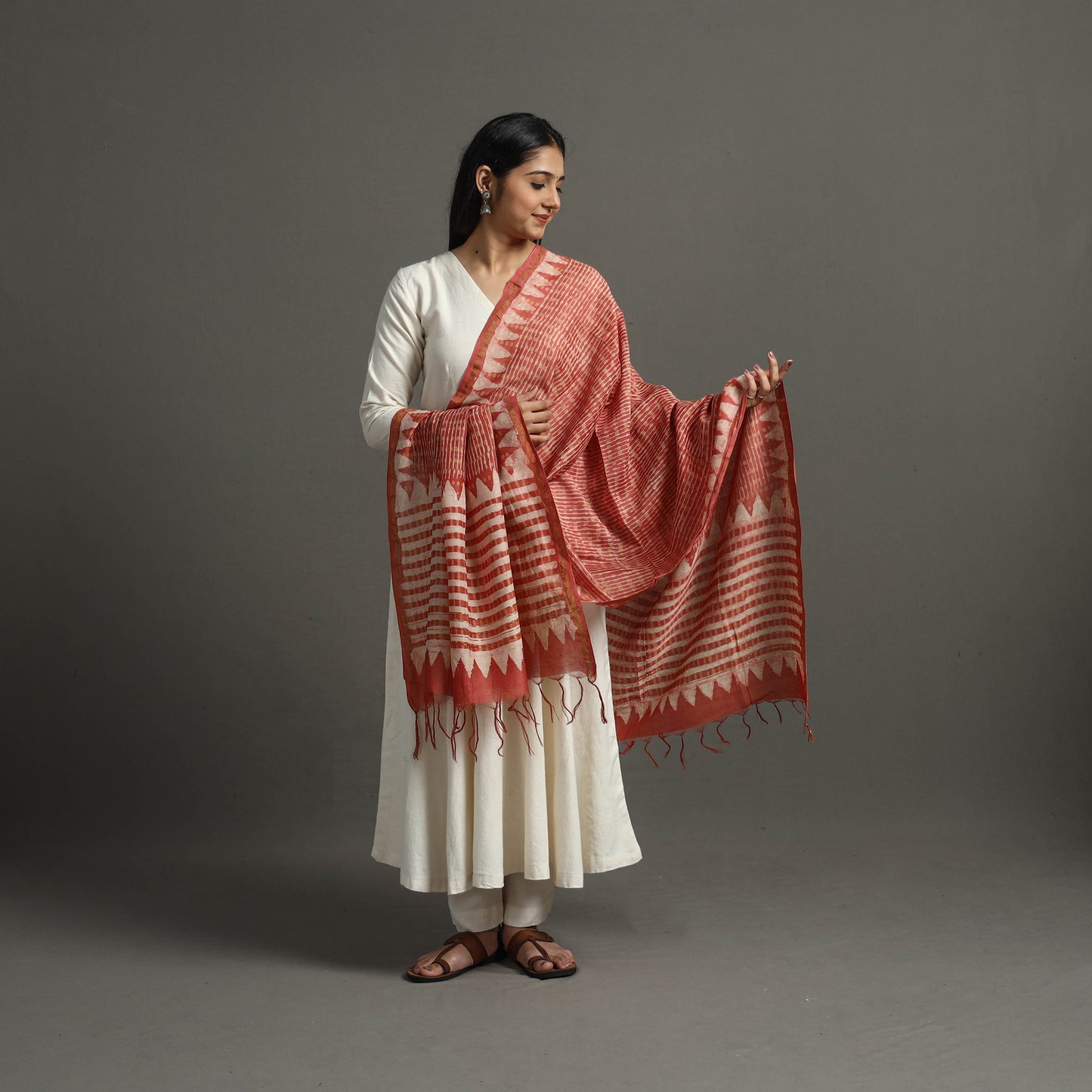 Red - Block Printed Chanderi Silk Bagru Dupatta 55