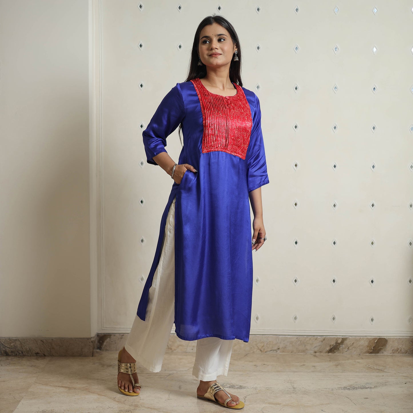 Blue - Plain Modal Silk Straight Kurta with Ajrakh Pintuck Patchwork 04