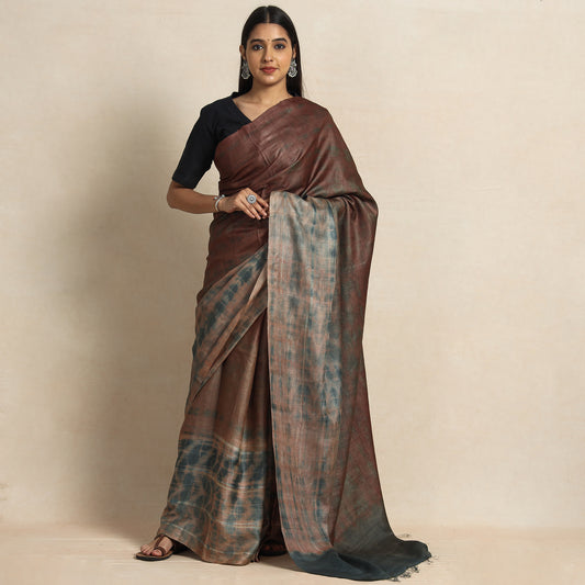 Brown - Shibori Tie-Dye Tussar Silk Handloom Saree