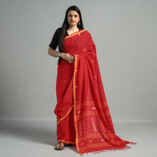 Red - Phulia Jamdani Handloom Cotton Saree
