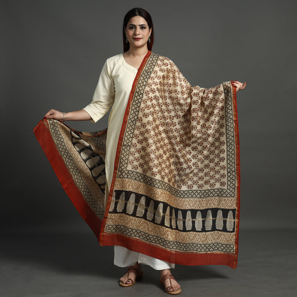 Beige - Bagru Kalamkari Block Printed Chanderi Silk Dupatta with Zari Border 140