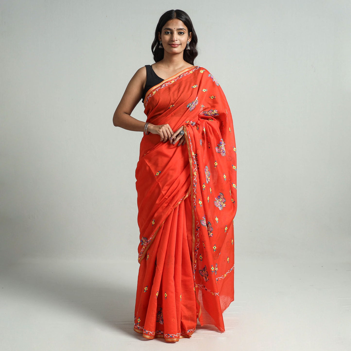 Orange - Kashidakari Hand Embroidery Pure Chanderi Silk Block Printed Saree with Zari Border 07