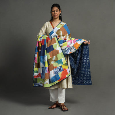 Multicolor - Indigo Reversible Patchwork Cotton Dupatta 31