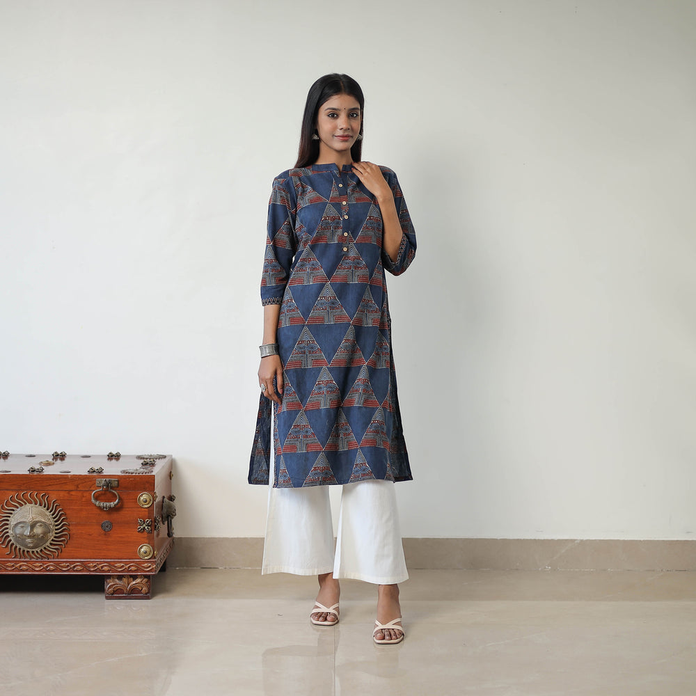 Blue - Block Printed Cotton Straight Ajrakh Kurta 04