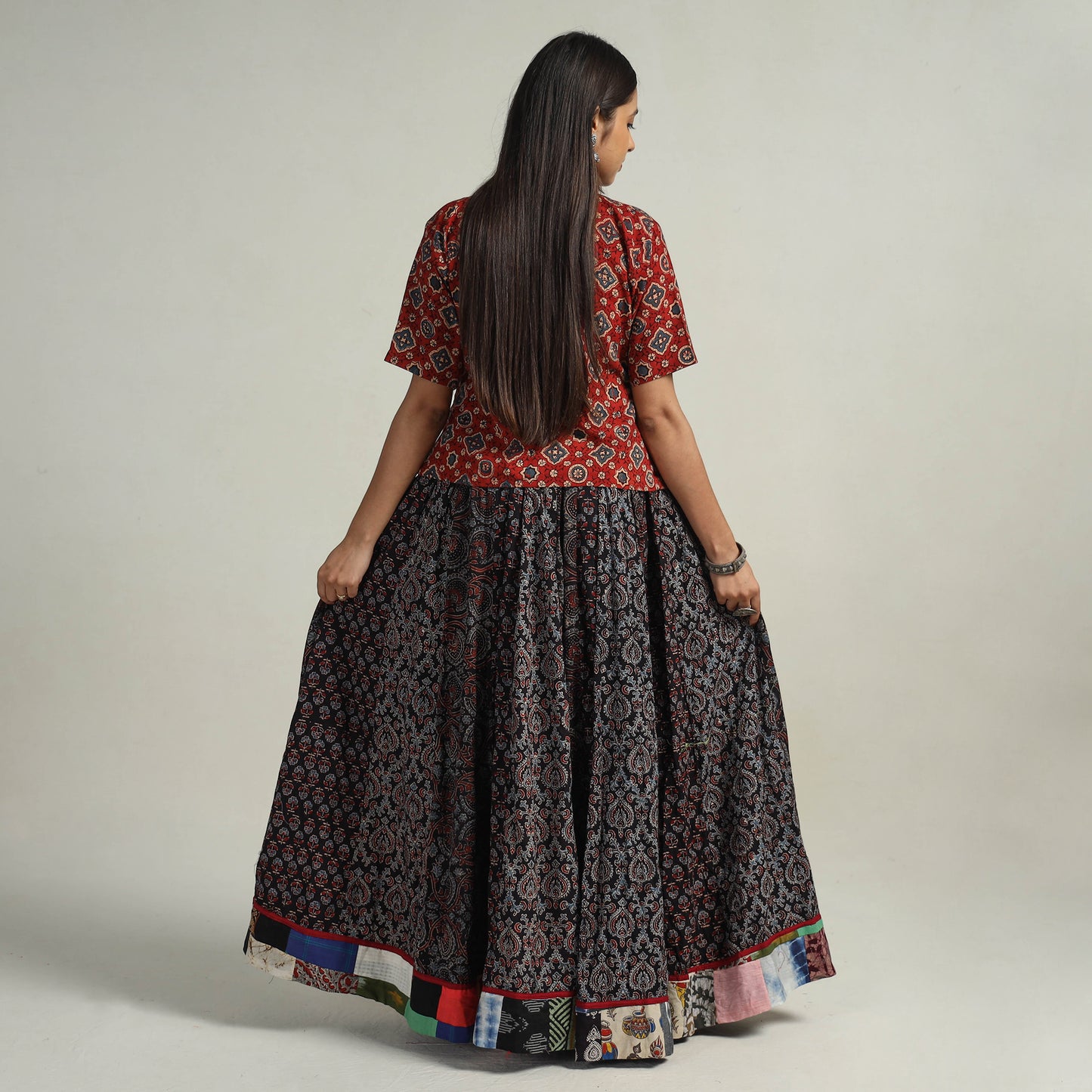 Multicolor - Kutch Block Printed 24 Kali Cotton Long Skirt 03