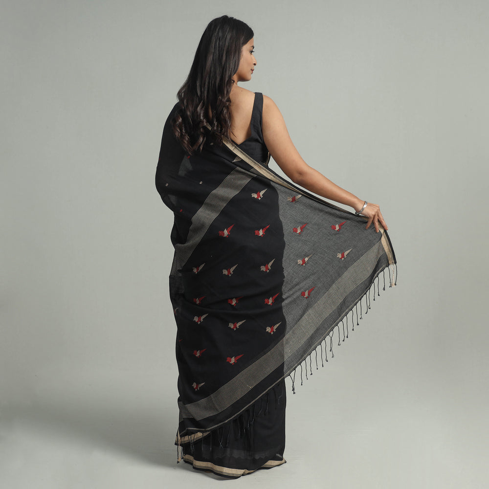 Black - Handloom Cotton Phulia Jamdani Saree with Tassels 03