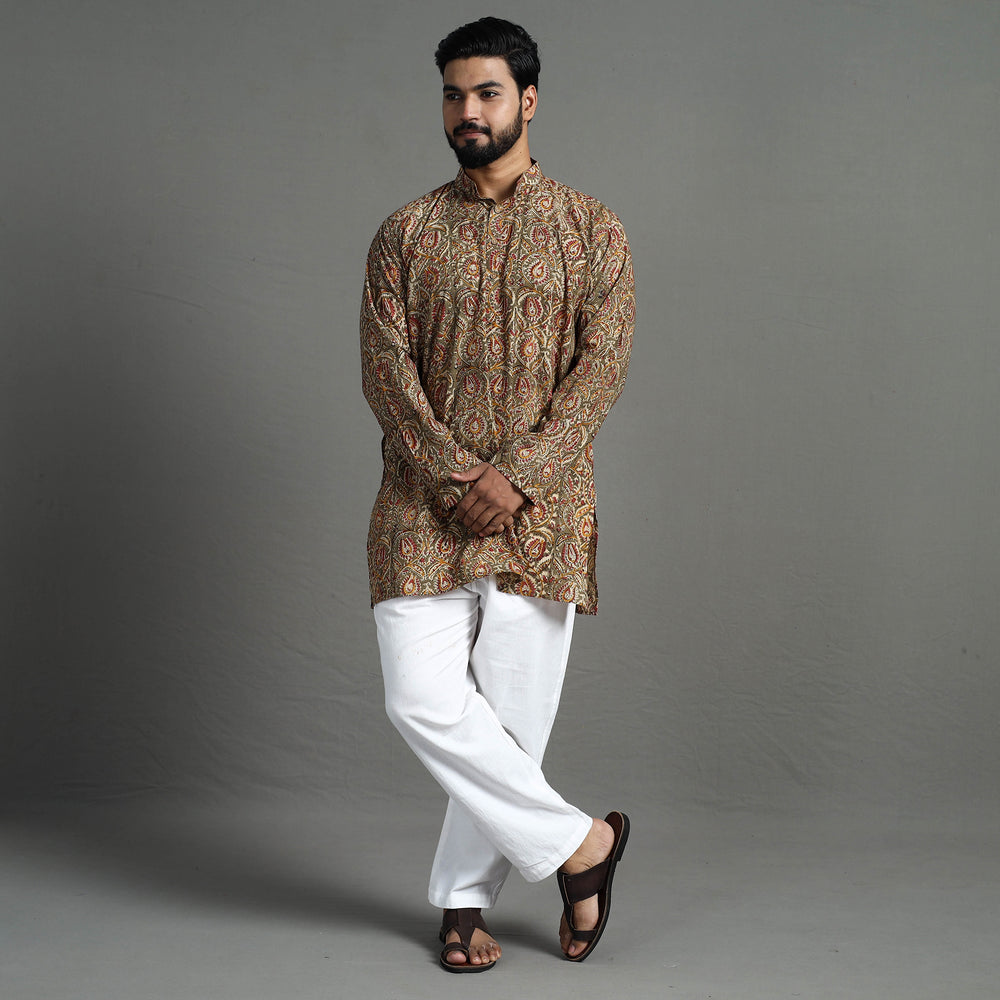 Brown - Kalamkari Block Printed Cotton Men Short Kurta