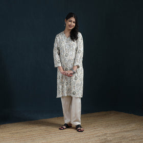 Beige - Hand Embroidered Printed Cotton Chikankari Kurta with Pant Set for Women 29