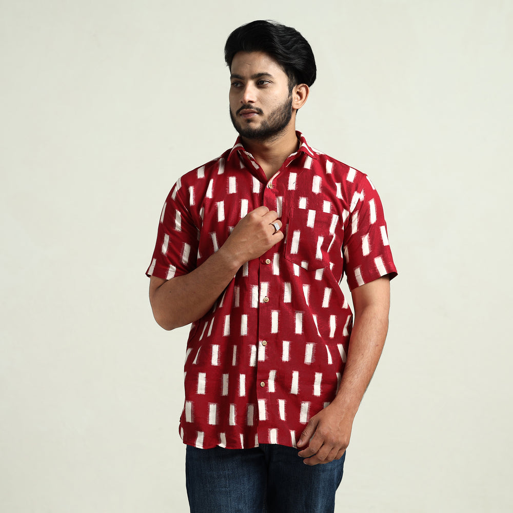 Red - Pochampally Double Ikat Handloom Cotton Men Half Sleeve Shirt 37