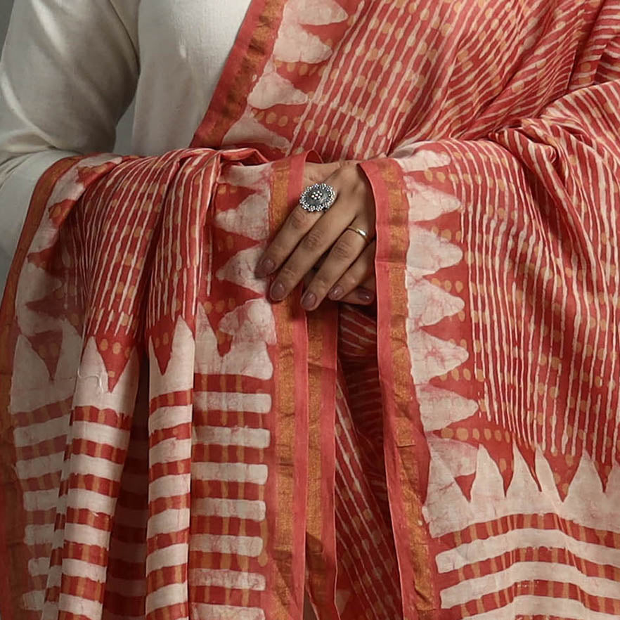 Red - Block Printed Chanderi Silk Bagru Dupatta 55