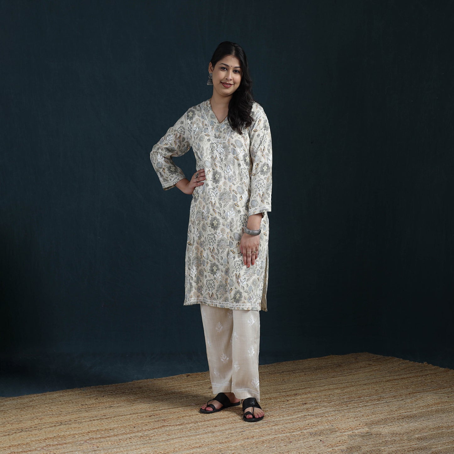 Beige - Hand Embroidered Printed Cotton Chikankari Kurta with Pant Set for Women 29