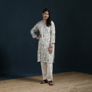 Hand Embroidered Printed Cotton Chikankari Kurta with Pant Set for Women 29