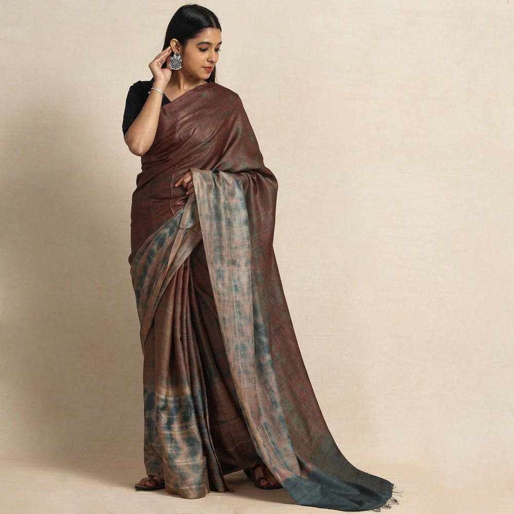 Brown - Shibori Tie-Dye Tussar Silk Handloom Saree