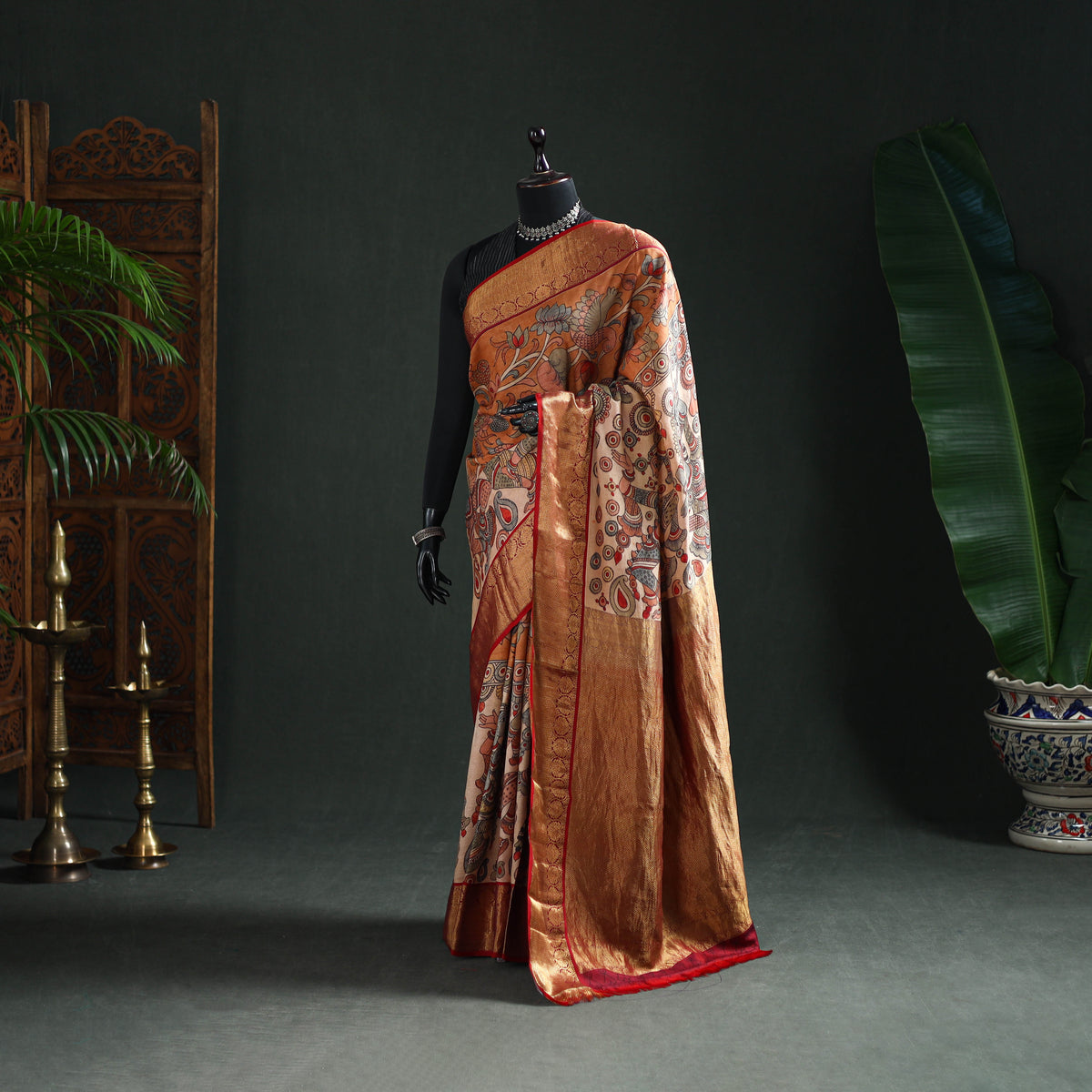 Kanjeevaram Pure Handloom Mulberry Silk Handpainted Srikalahasti Pen Kalamkari Saree with Zari Work 24