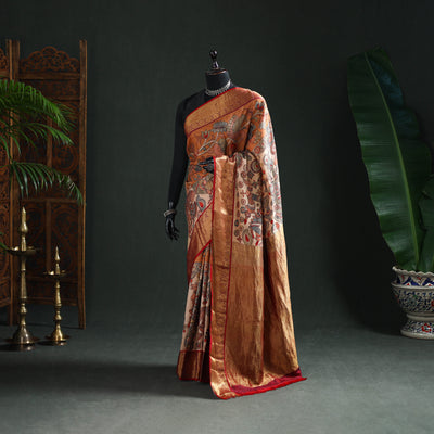 Kanjeevaram Pure Handloom Mulberry Silk Handpainted Srikalahasti Pen Kalamkari Saree with Zari Work 24