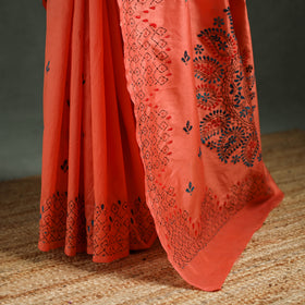 Orange - Bengal Nakshi Kantha Hand Embroidered Silk Saree 45