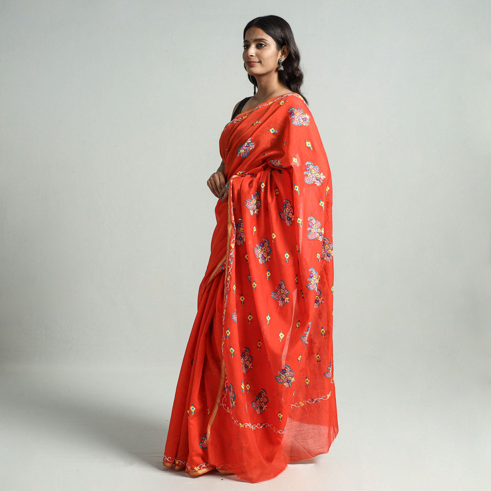 Orange - Kashidakari Hand Embroidery Pure Chanderi Silk Block Printed Saree with Zari Border 07