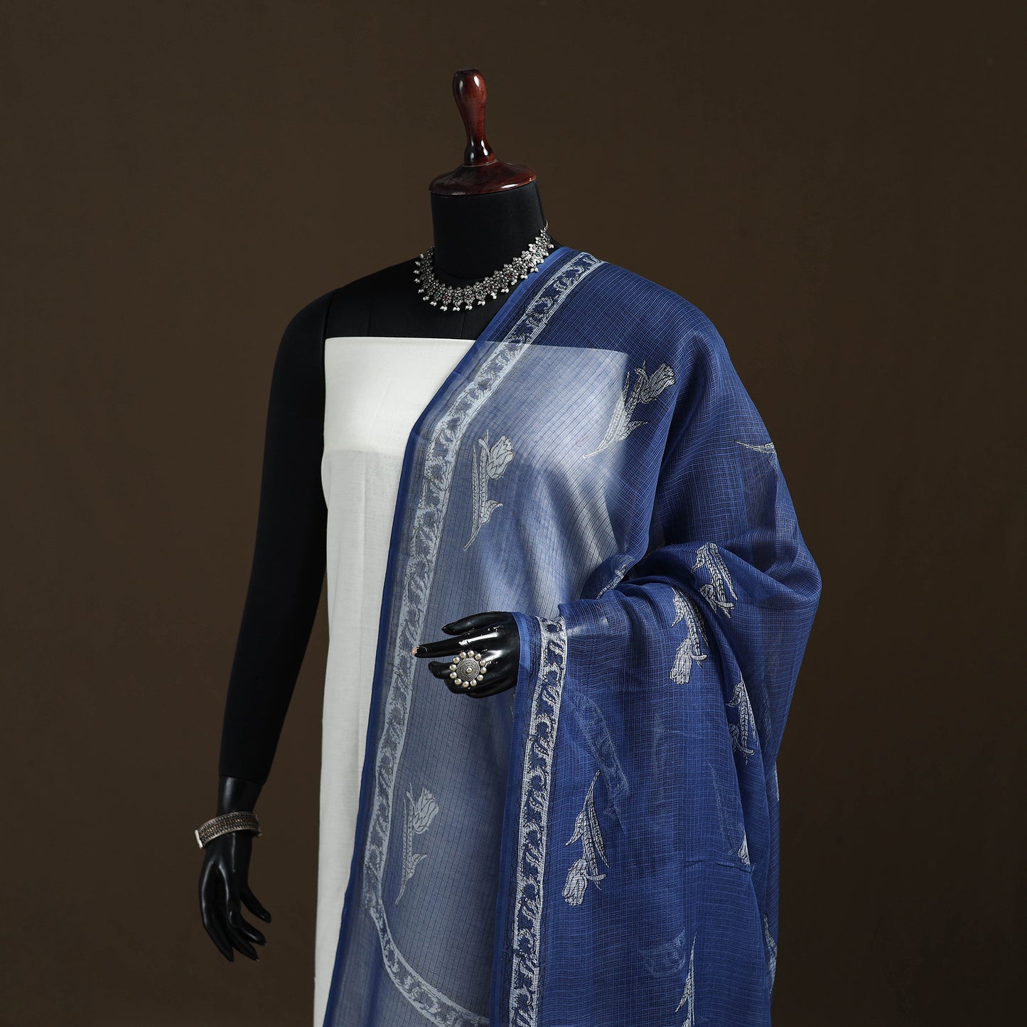 Blue - Akola Hand Block Print Natural Dyed Kota Doria Cotton Dupatta 36
